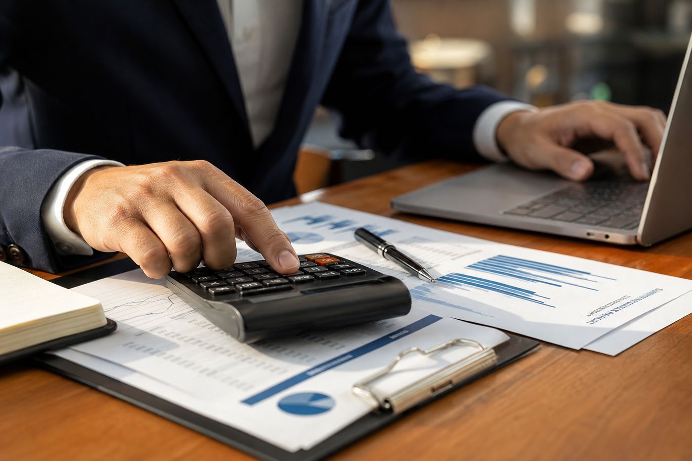 Professional reviewing financial documents with calculator and laptop