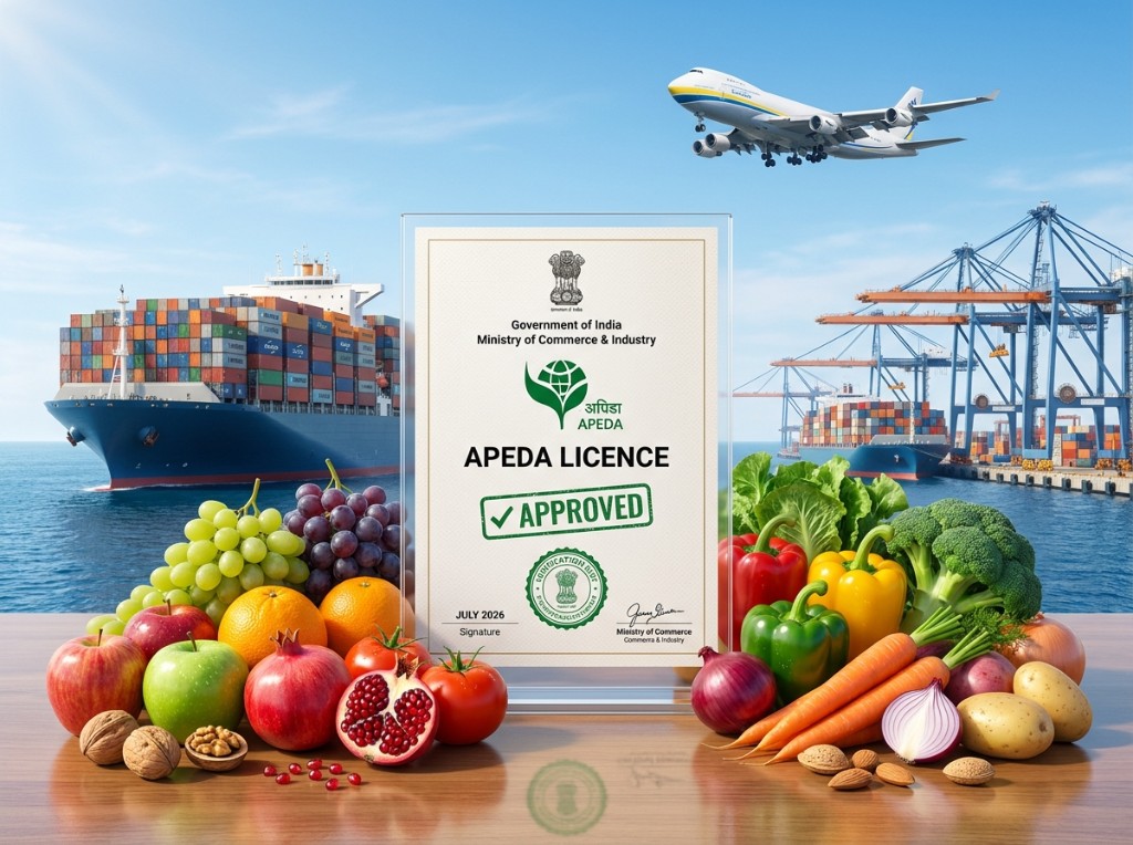APEDA Licence Approved certificate with agri export produce, cargo ship and airplane