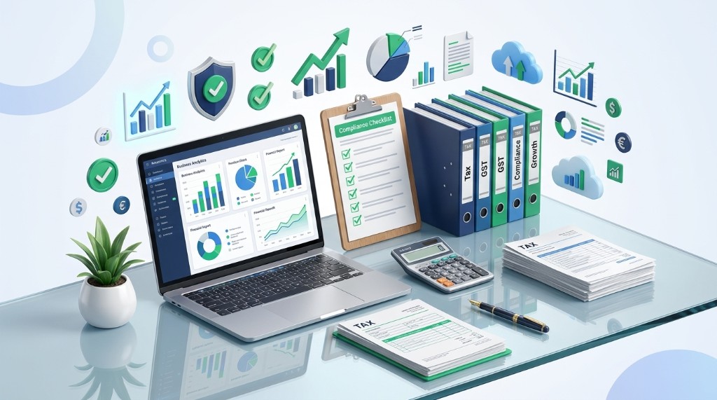3D illustration of tax and compliance workspace with analytics laptop, binders, and checklist