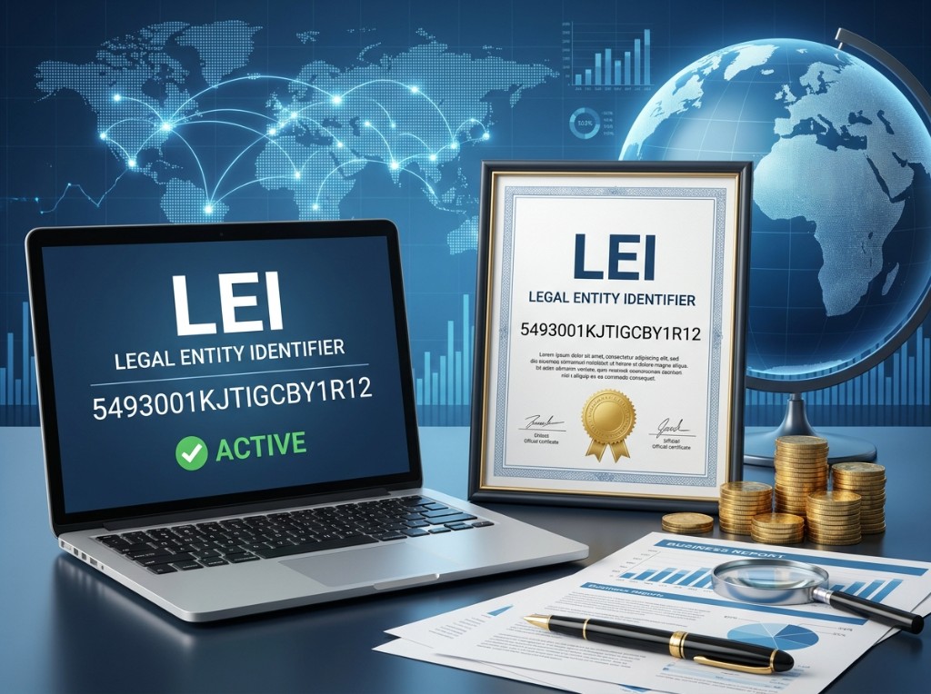 LEI Active certificate and laptop showing Legal Entity Identifier code