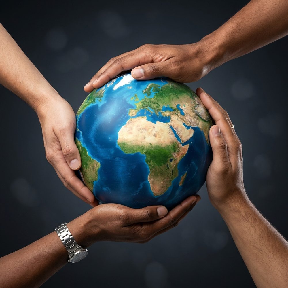 Diverse hands holding a globe — unity and social impact